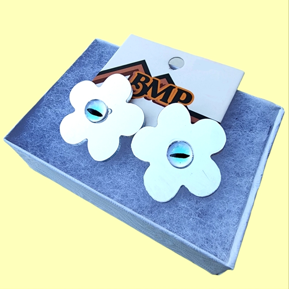 Mirror Flower Earrings with Blue Glass Eye Center 90s Style NWT